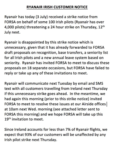 Statement Ryanair TWitter